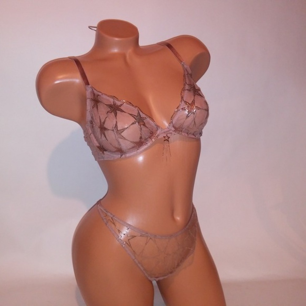 Victoria Secret Bra Set 32DD Low Cut Demi Small Thong Panty Tan Gold Stars New